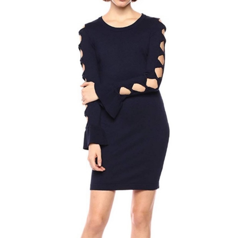 Kensie Navy Long Sleeve Sweater Bow Dress with Bell Sleeves